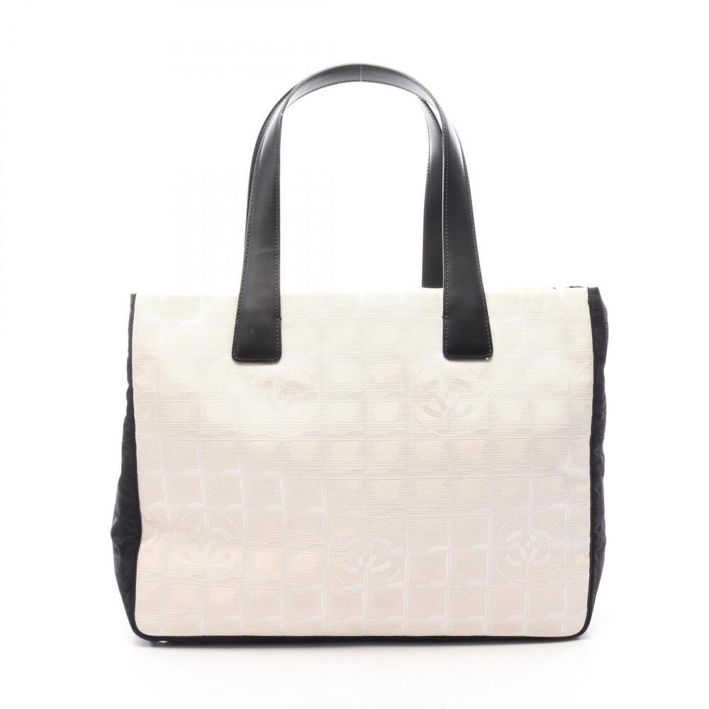 Chanel New Travel Line MM Tote Bag Handbag Leather Nylon Canvas Women's White...